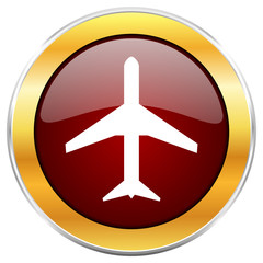  Plane red vector icon with golden border isolated on white background.  
