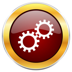 Gear red vector icon with golden border isolated on white background.