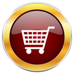 Shopping cart red vector icon with golden border isolated on white background.