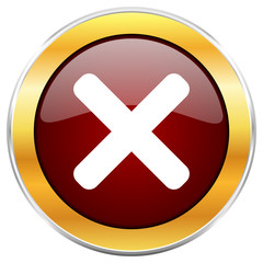 Cancel red vector icon with golden border isolated on white background.