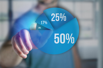 Finger of a man pointing on a blue survey graph interface - Technology concept