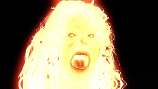 A monstrous creature (a werewolf) howling and screaming, vivid glowing colors (point-of-view of another monster).
