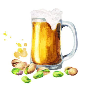 Beer and pistachio nuts. Watercolor