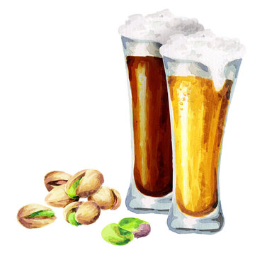 Beers and pistachio nuts. Watercolor