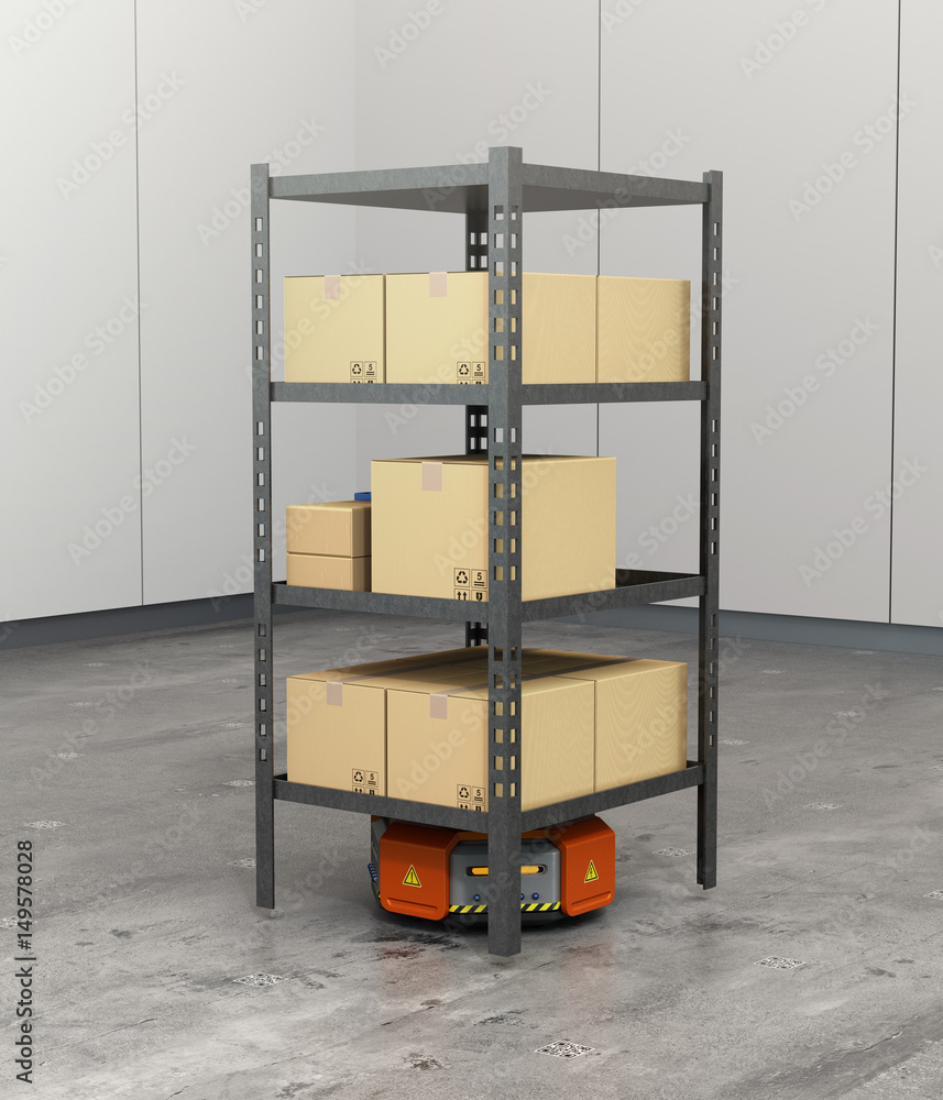 Poster single orange robot carrying pallets with goods in modern warehouse. 3d rendering image.