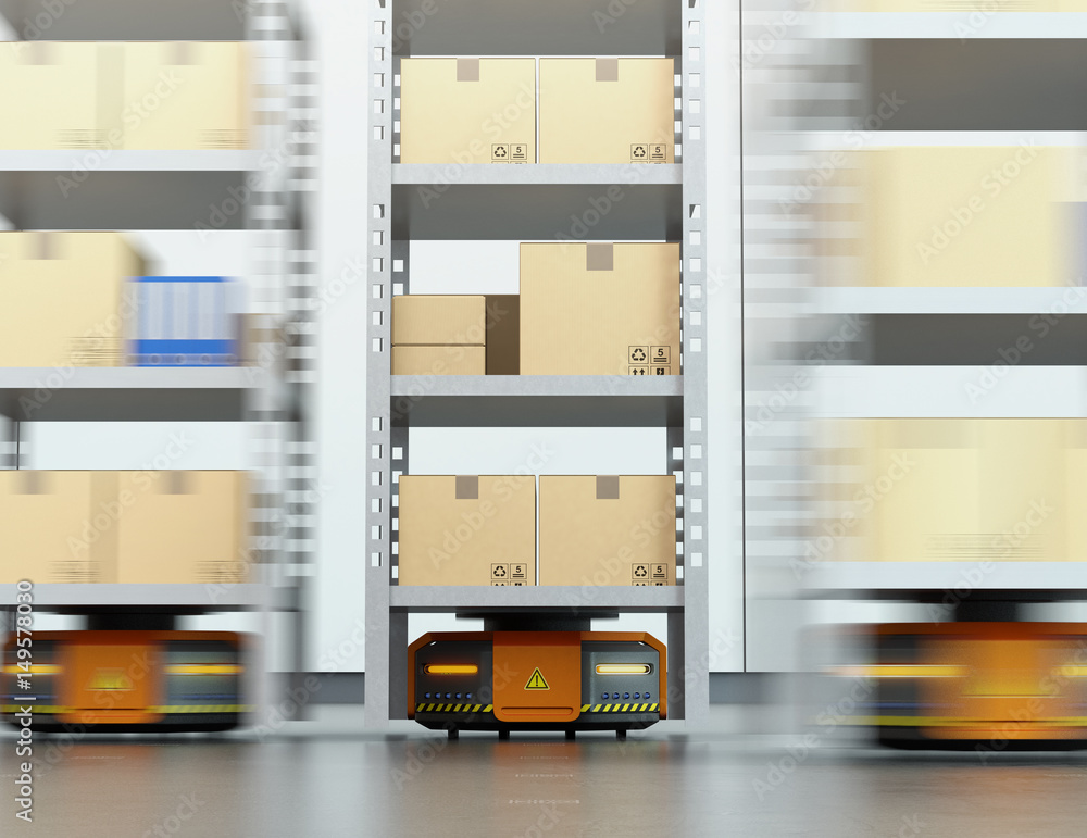 Poster orange robots carrying pallets with goods in modern warehouse. modern delivery center concept. 3d re