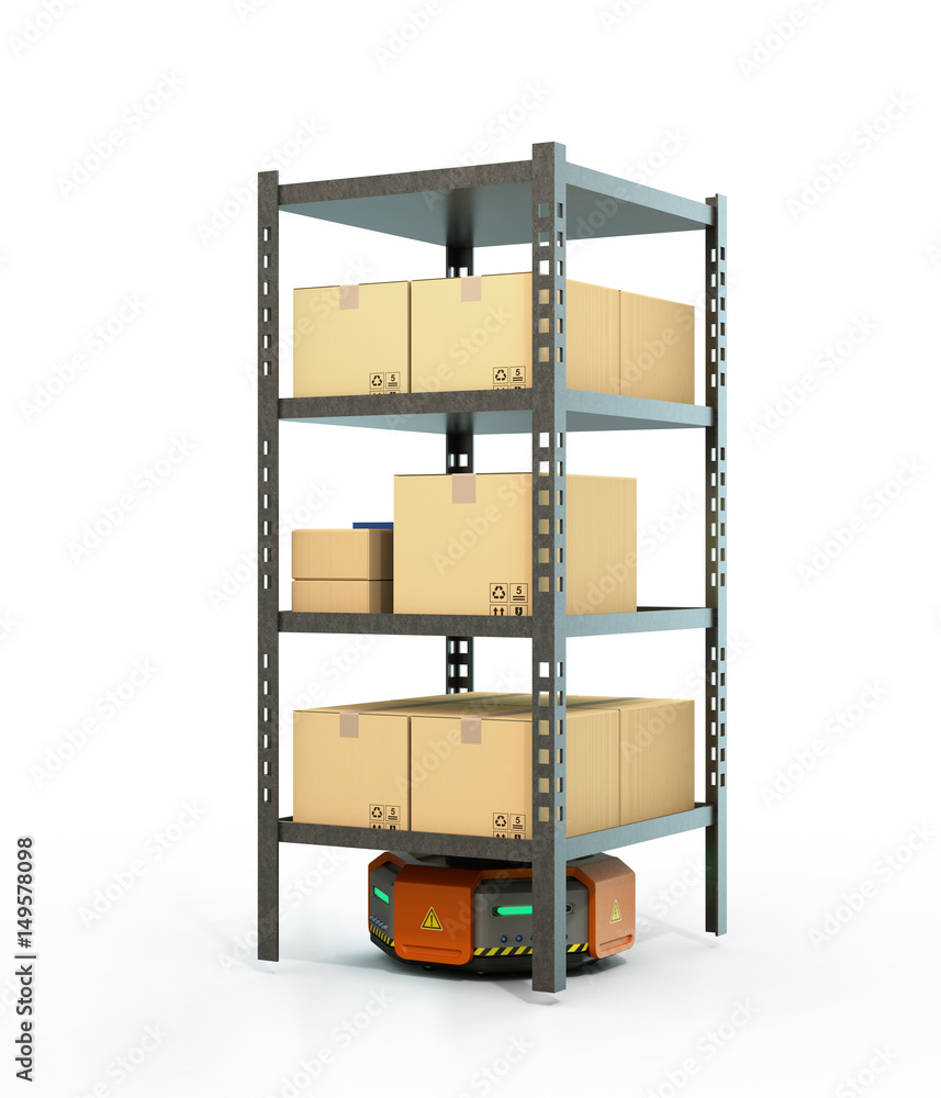 Poster orange robots carrying pallets with goods isolated on white background. 3d rendering image.