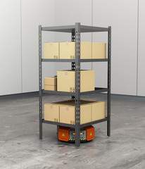 Single orange robot carrying pallets with goods in modern warehouse. 3D rendering image.