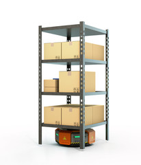 Orange robots carrying pallets with goods isolated on white background. 3D rendering image.