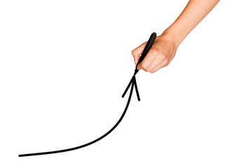 A female hand holds marker and draws an arrow up