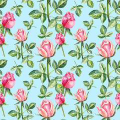 Seamless floral pattern, Pink rose watercolor hand drawn botanical illustration isolated on blue background for design package cosmetics, greeting card, wedding invitation, beauty salon, wallpaper