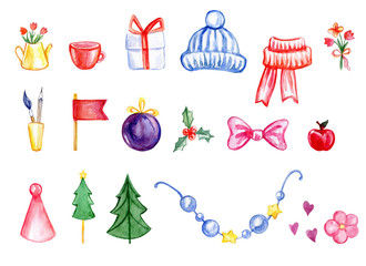 Watercolor decoration, gift box, floral bouquets, flowers, christmas trees ball garland, winter hat, scarf, ribbon, pink heart isolated on white background, hand drawn illustration, design elements