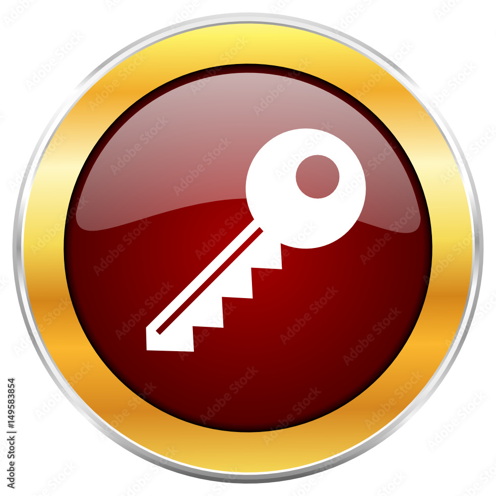 Poster key red vector icon with golden border isolated on white background.