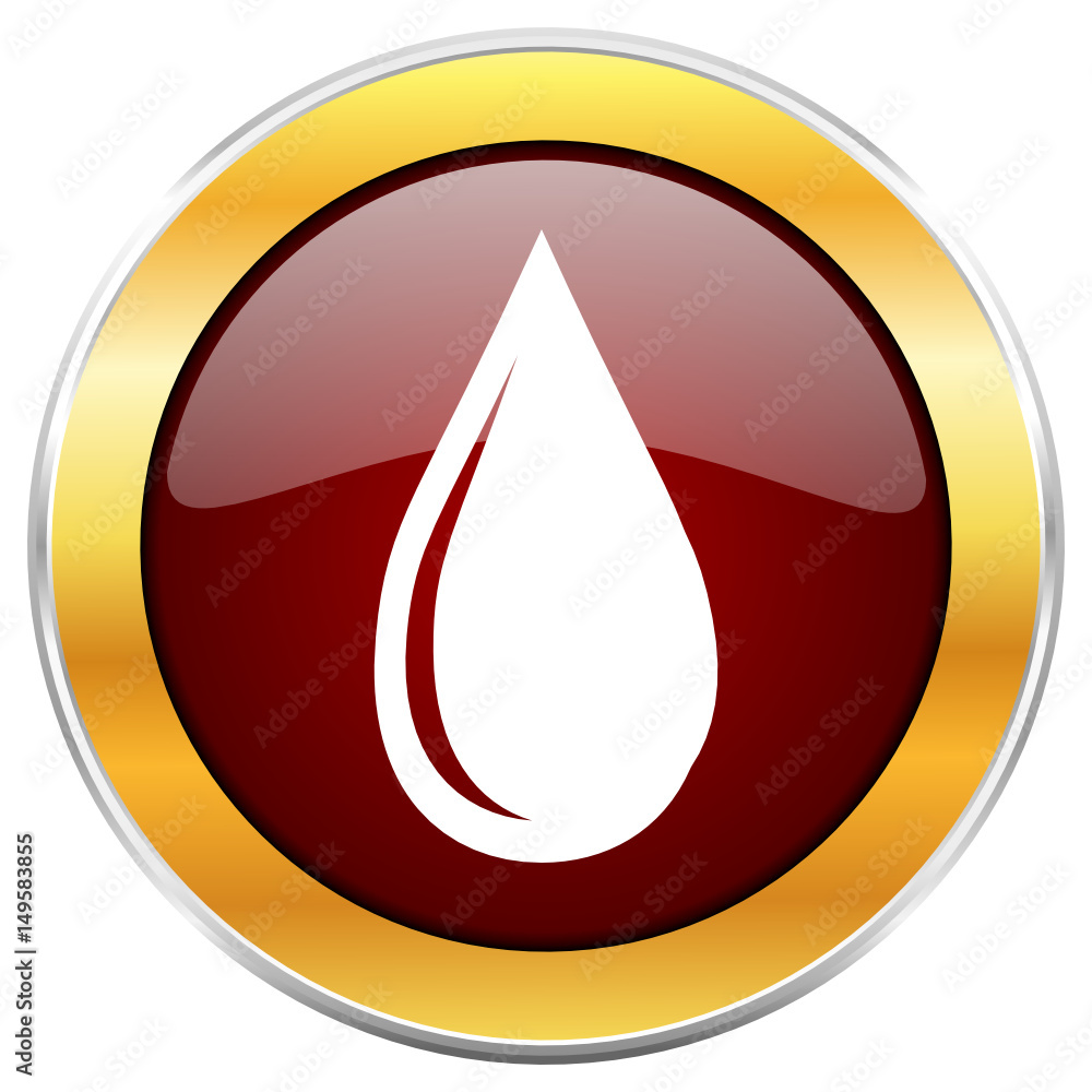 Poster water drop red vector icon with golden border isolated on white background.
