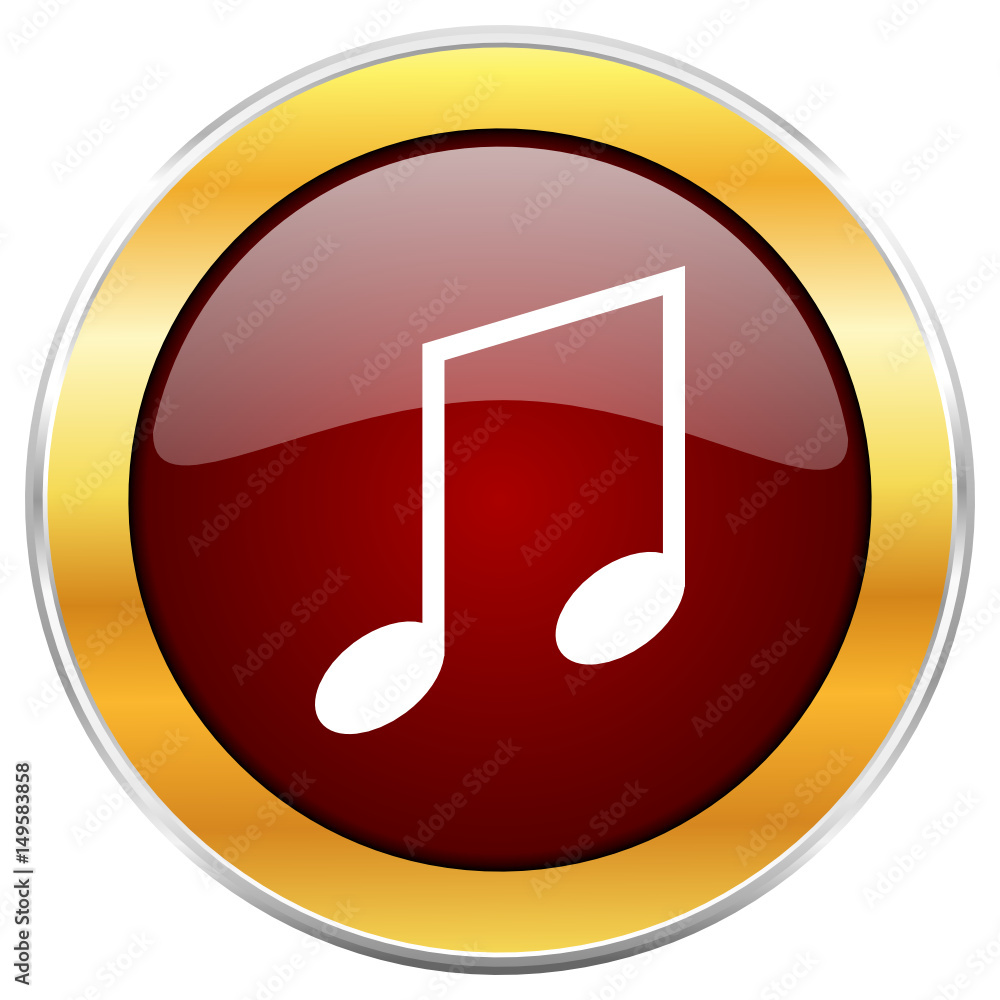 Poster music red vector icon with golden border isolated on white background.