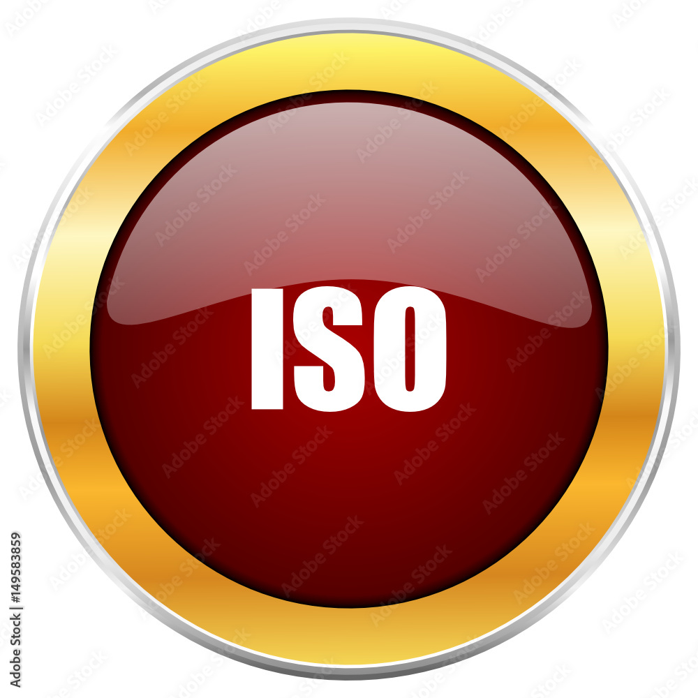 Poster iso red vector icon with golden border isolated on white background.