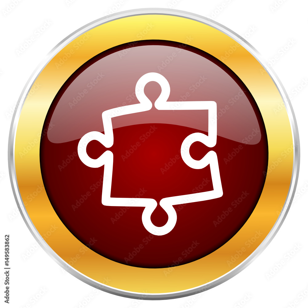 Poster Puzzle red vector icon with golden border isolated on white background.  
