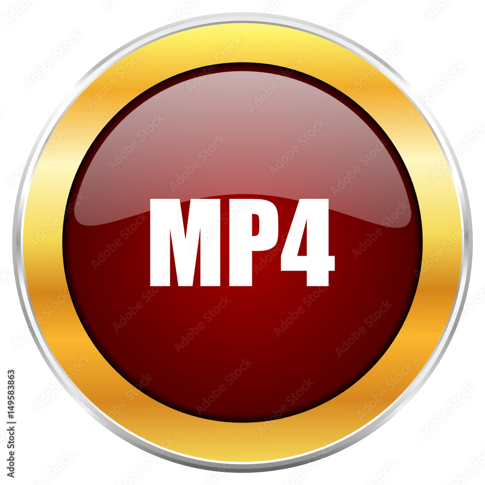 Poster MP4 red vector icon with golden border isolated on white background.  
