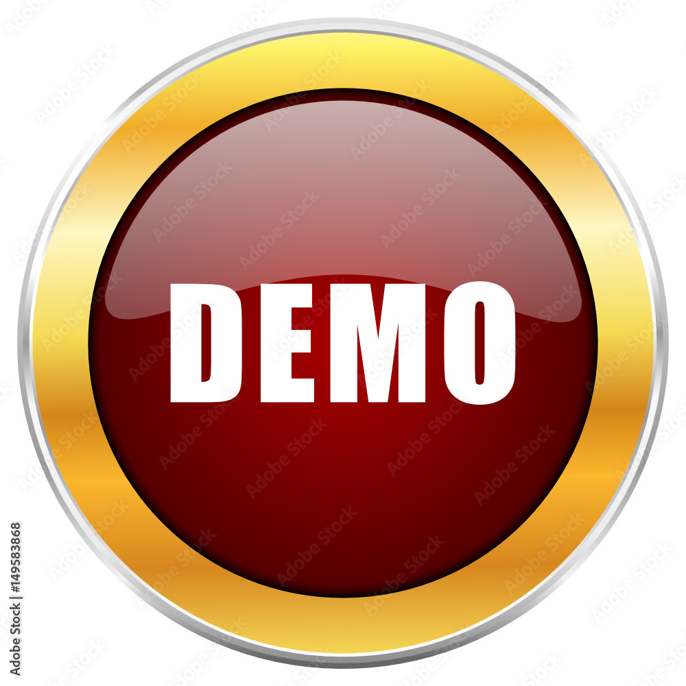 Poster Demo red vector icon with golden border isolated on white background.  
