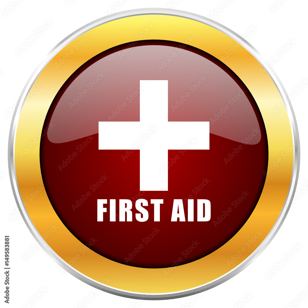 Poster first aid red vector icon with golden border isolated on white background.
