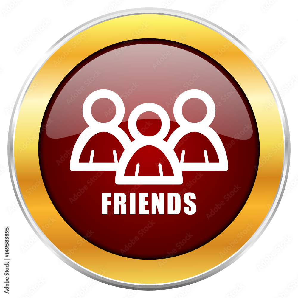Poster friends red vector icon with golden border isolated on white background.