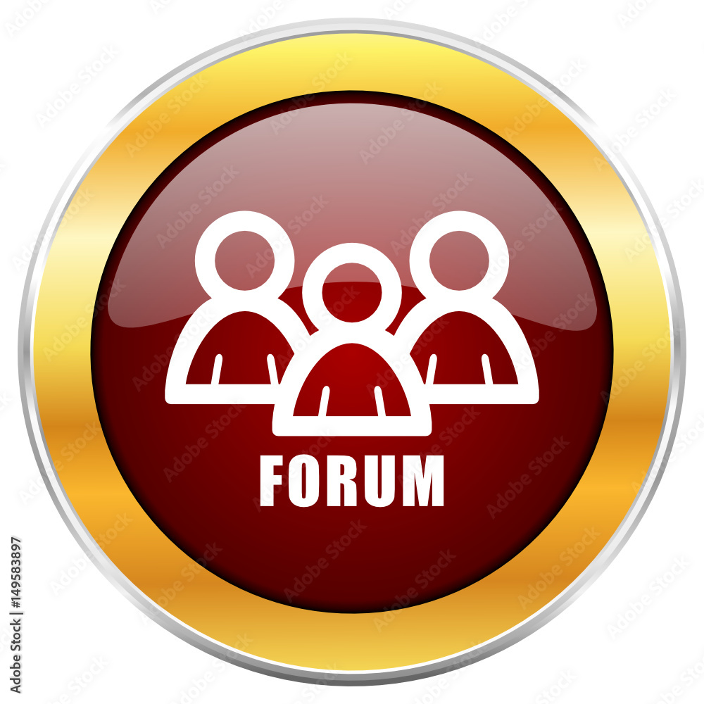 Poster Forum red vector icon with golden border isolated on white background.  
