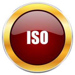 ISO red vector icon with golden border isolated on white background.  
