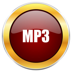  Mp3 red vector icon with golden border isolated on white background.  
