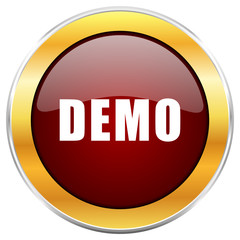 Demo red vector icon with golden border isolated on white background.  
