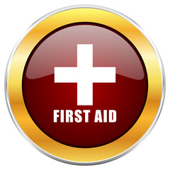 First aid red vector icon with golden border isolated on white background.  
