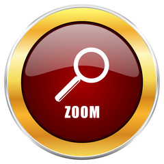 Zoom red vector icon with golden border isolated on white background.  
