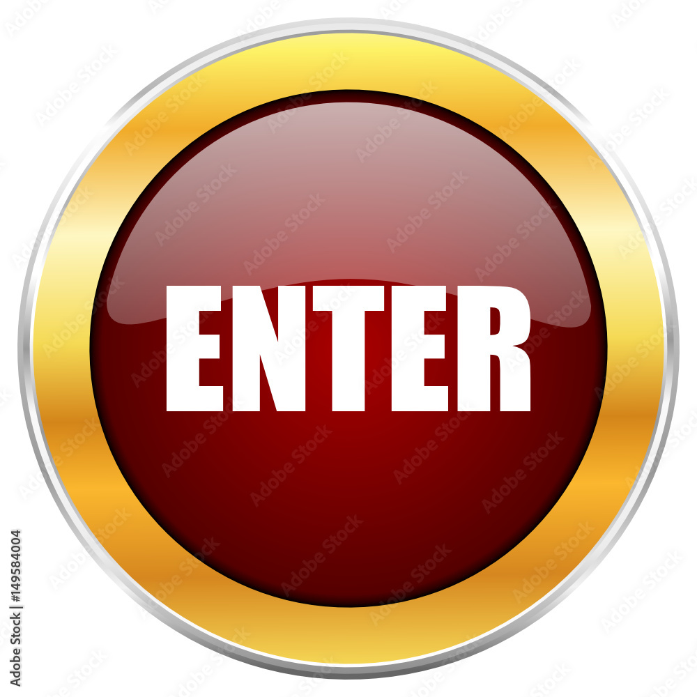 Poster enter red vector icon with golden border isolated on white background.