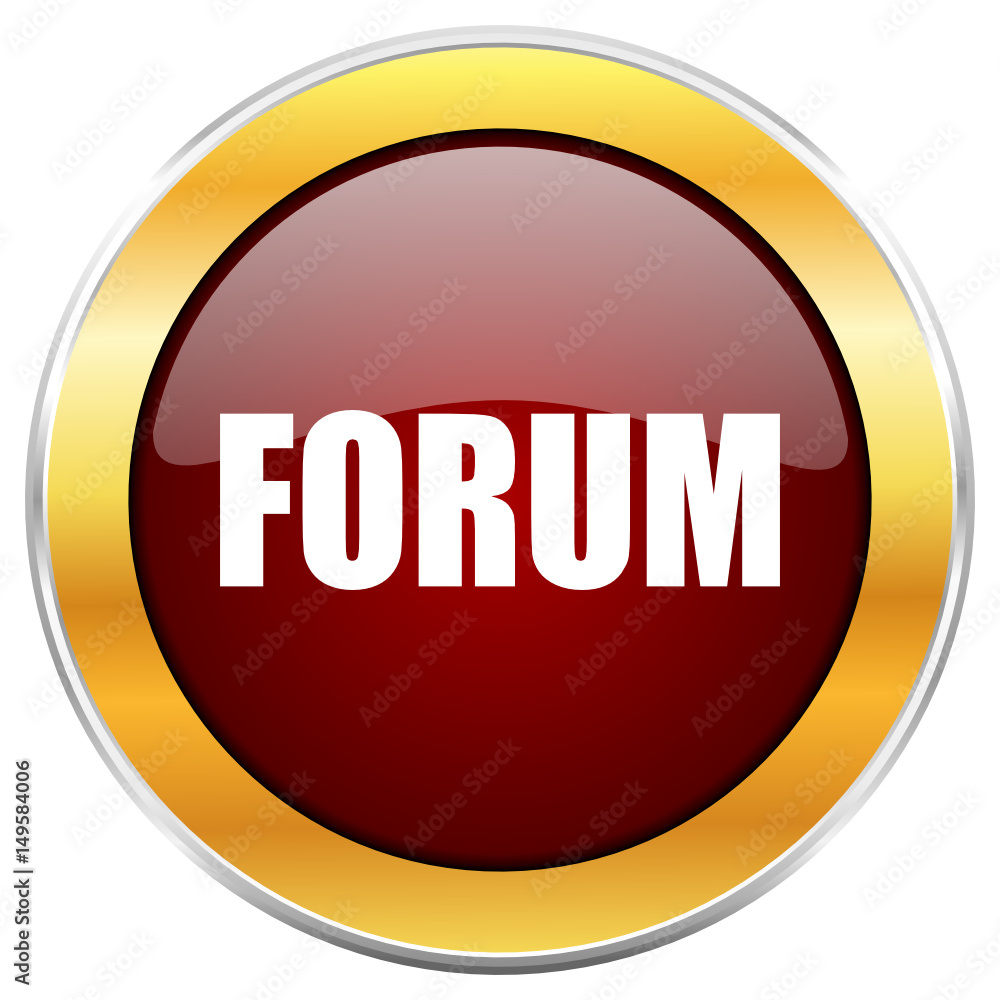 Poster forum red vector icon with golden border isolated on white background.