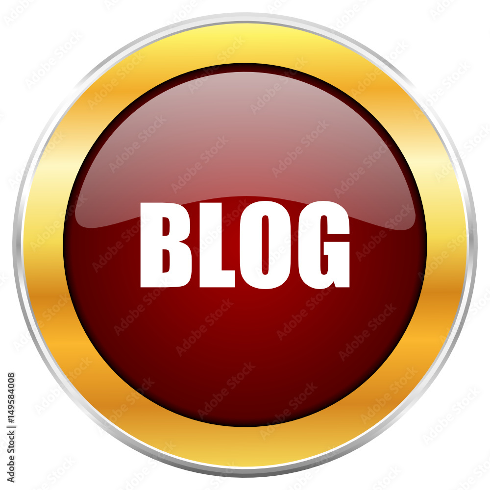 Aufkleber blog red vector icon with golden border isolated on white background.