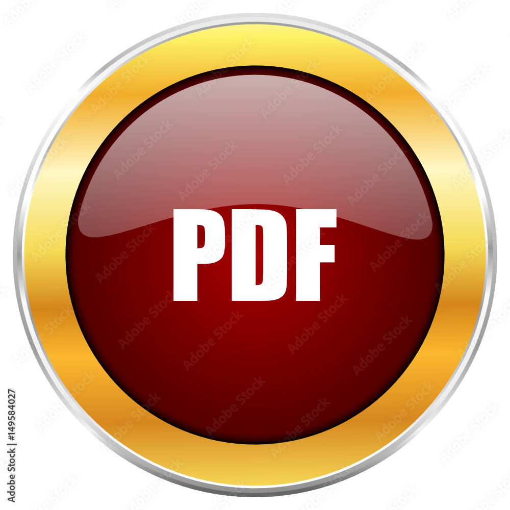 Poster Pdf red vector icon with golden border isolated on white background.