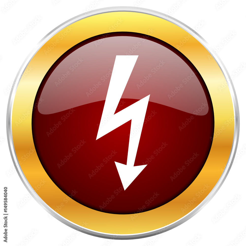 Poster bolt red vector icon with golden border isolated on white background.