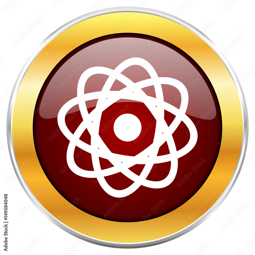 Aufkleber atom red vector icon with golden border isolated on white background.