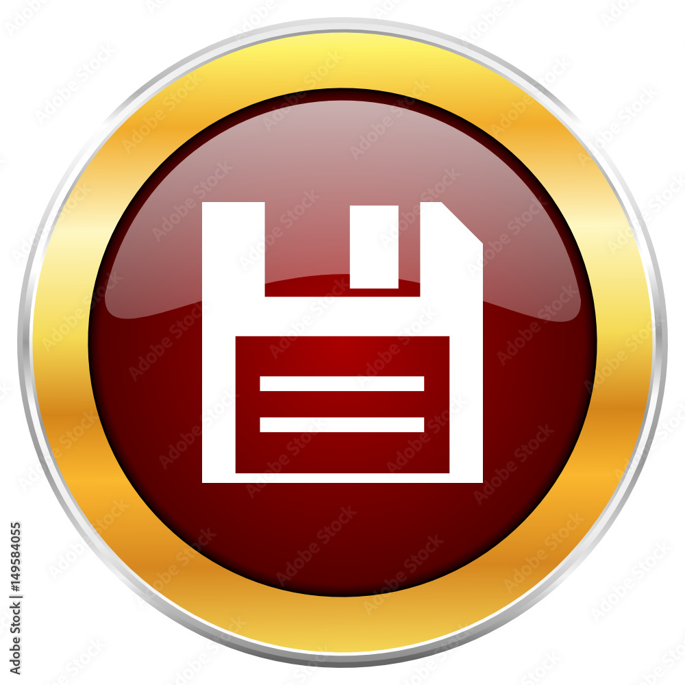 Poster disk red vector icon with golden border isolated on white background.