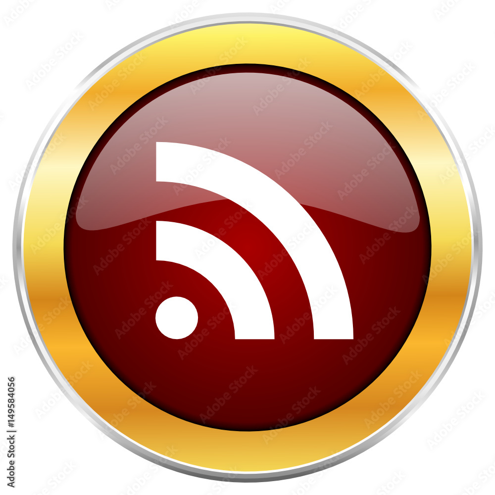 Poster Rss red vector icon with golden border isolated on white background.