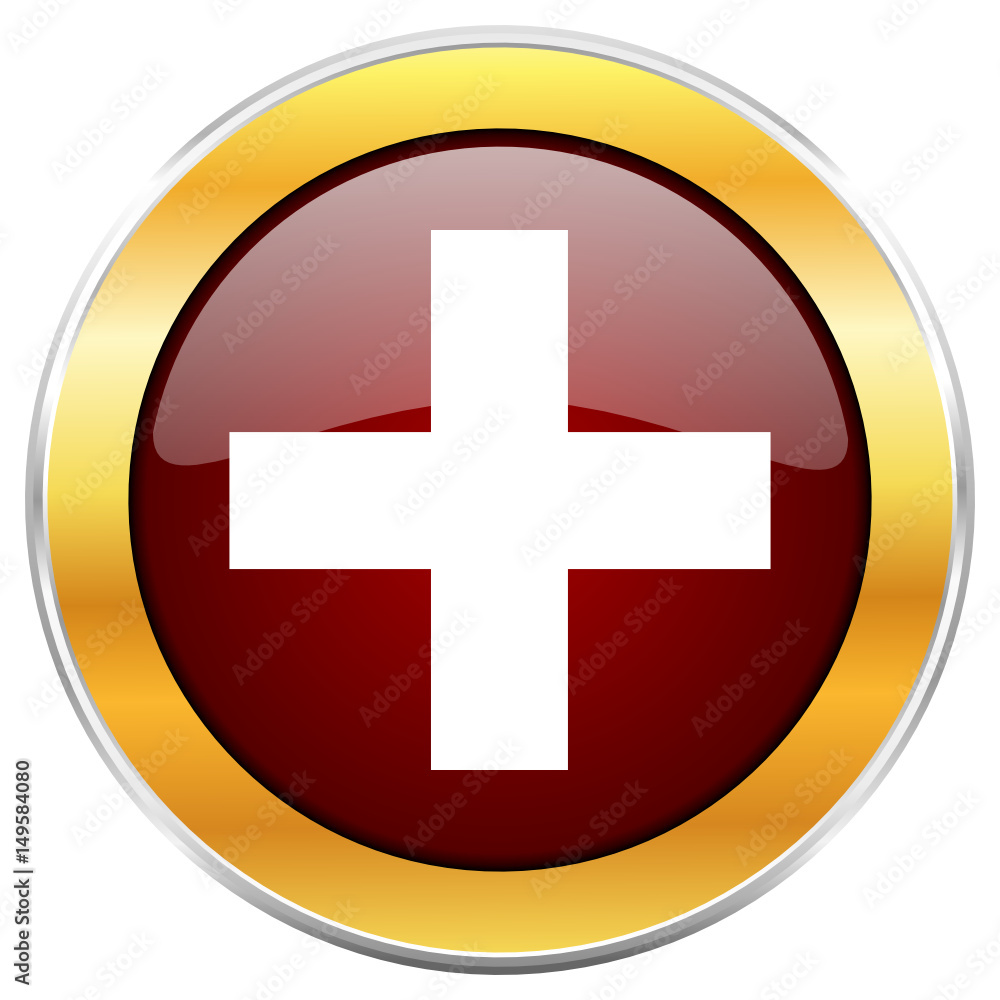 Poster plus red vector icon with golden border isolated on white background.