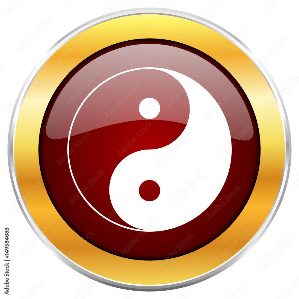 Aufkleber ying yang red vector icon with golden border isolated on white background.