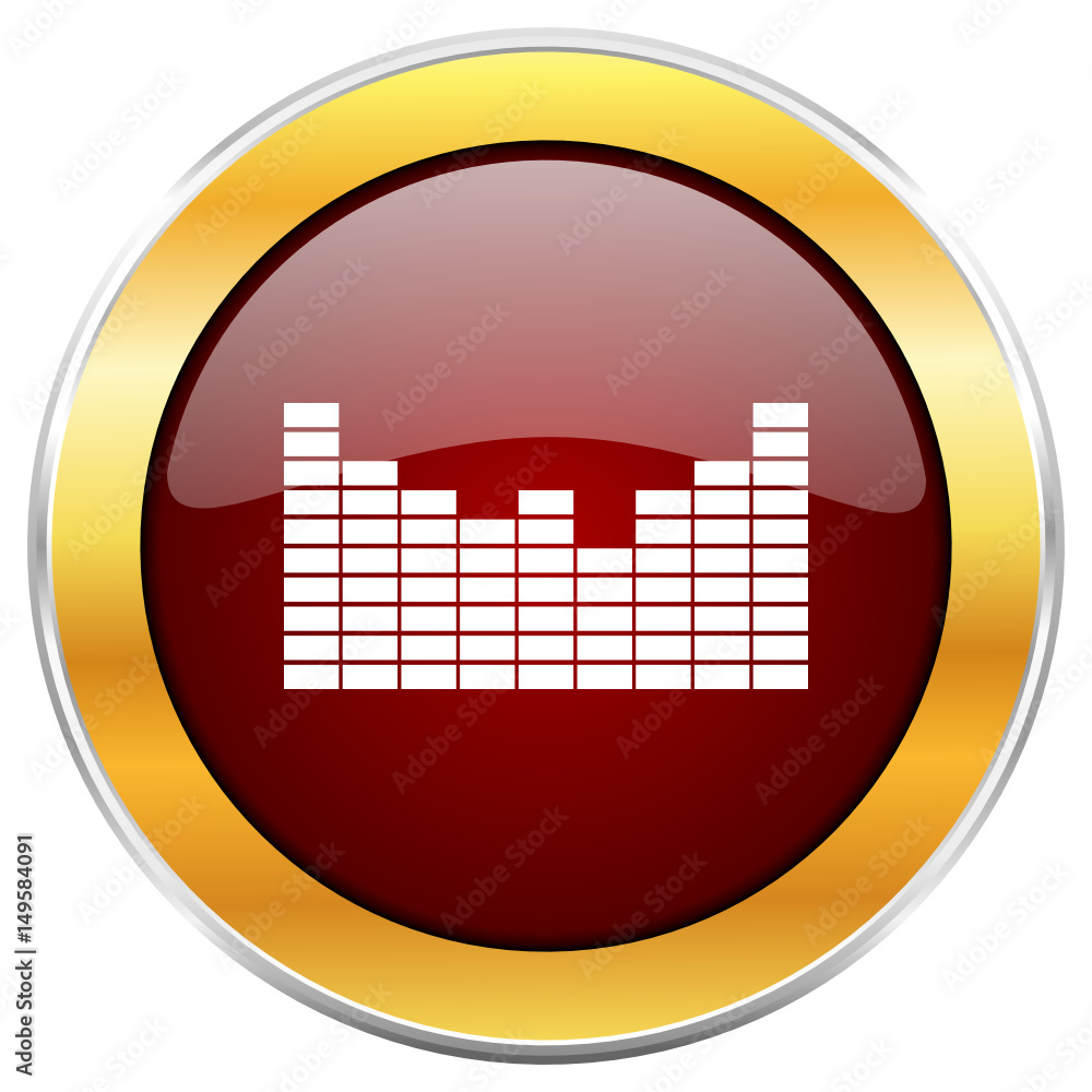 Poster sound red vector icon with golden border isolated on white background.