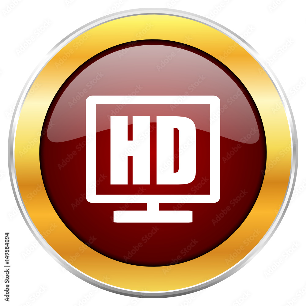 Aufkleber Hd display red vector icon with golden border isolated on white background.