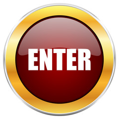 Enter red vector icon with golden border isolated on white background.