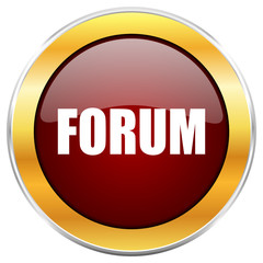 Forum red vector icon with golden border isolated on white background.
