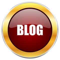 Blog red vector icon with golden border isolated on white background.