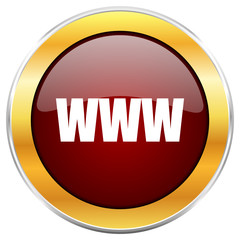 WWW red vector icon with golden border isolated on white background.