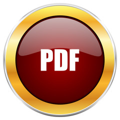 Pdf red vector icon with golden border isolated on white background.