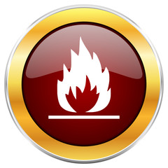 Flame red vector icon with golden border isolated on white background.