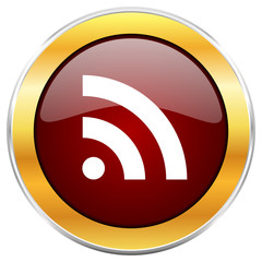 Rss red vector icon with golden border isolated on white background.